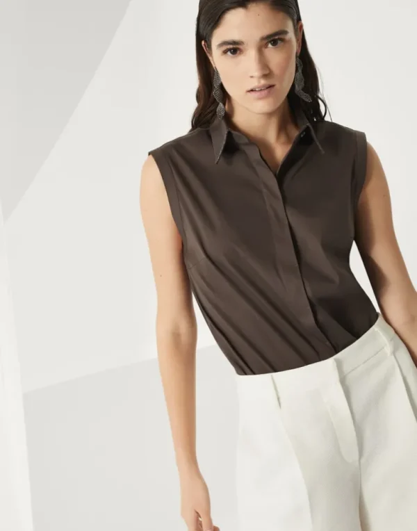 Stretch cotton poplin sleeveless shirt with shiny trim