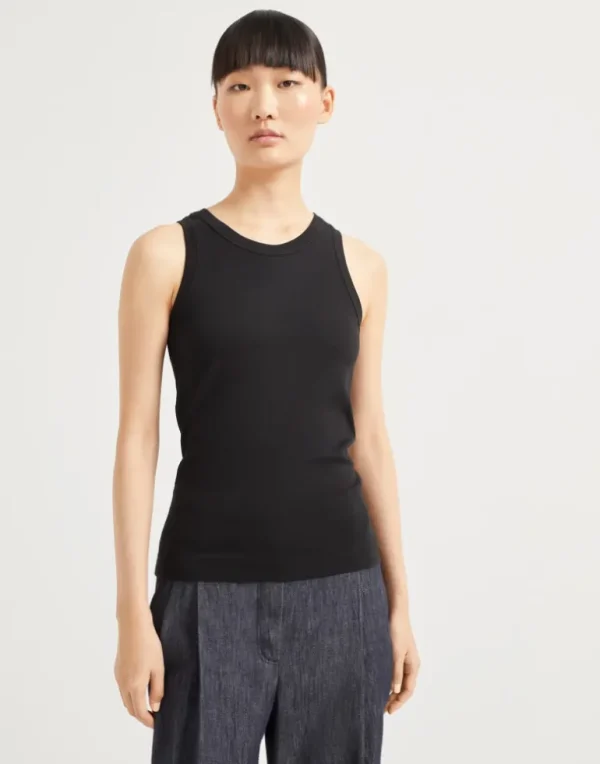 Stretch cotton ribbed jersey top with monili