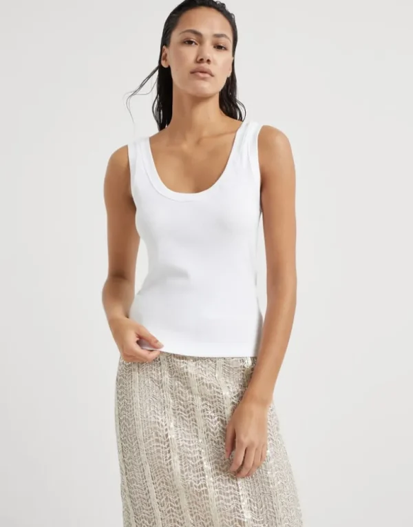 Stretch cotton ribbed jersey top with shiny tab