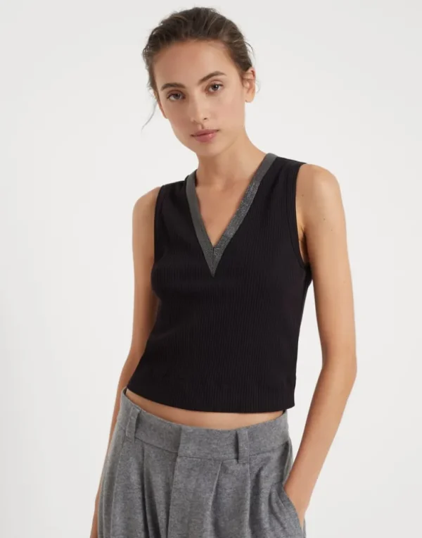 Stretch cotton ribbed jersey cropped top with precious neckline