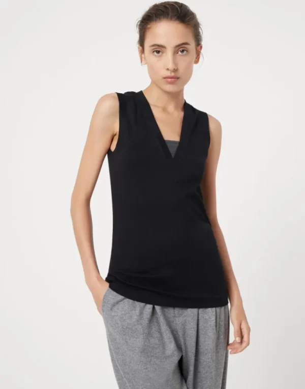 Stretch cotton ribbed jersey top with precious insert