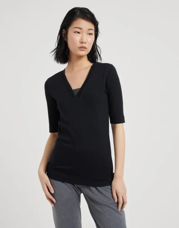 Stretch cotton ribbed jersey T-shirt with precious insert