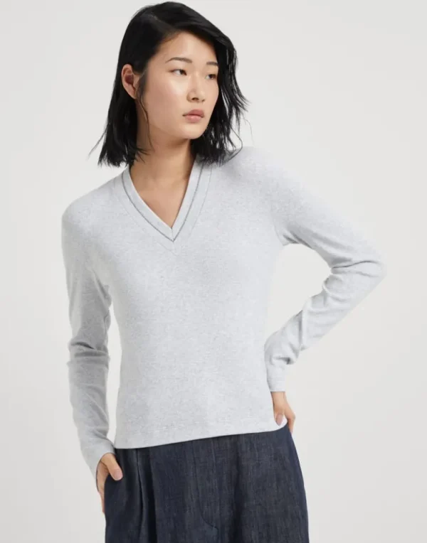 Stretch cotton ribbed jersey T-shirt with monili