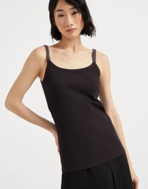 Stretch cotton ribbed jersey top with precious straps