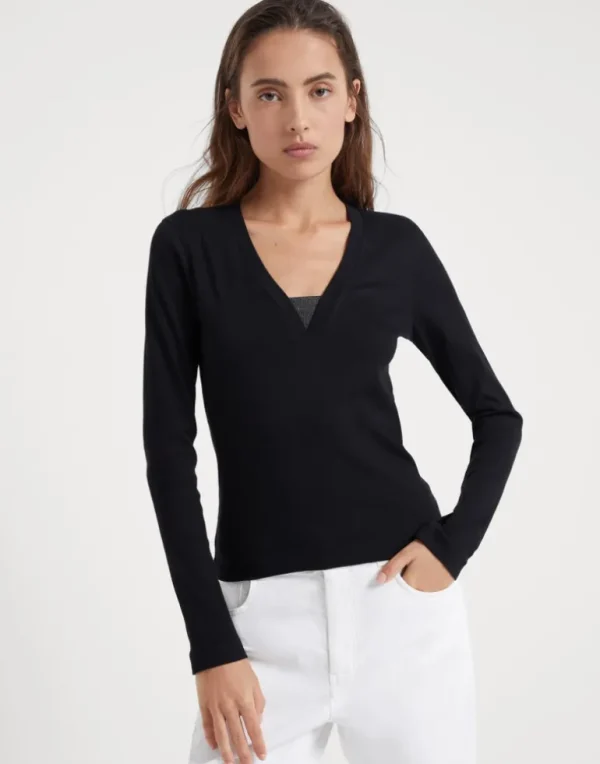 Stretch cotton ribbed jersey T-shirt with precious insert