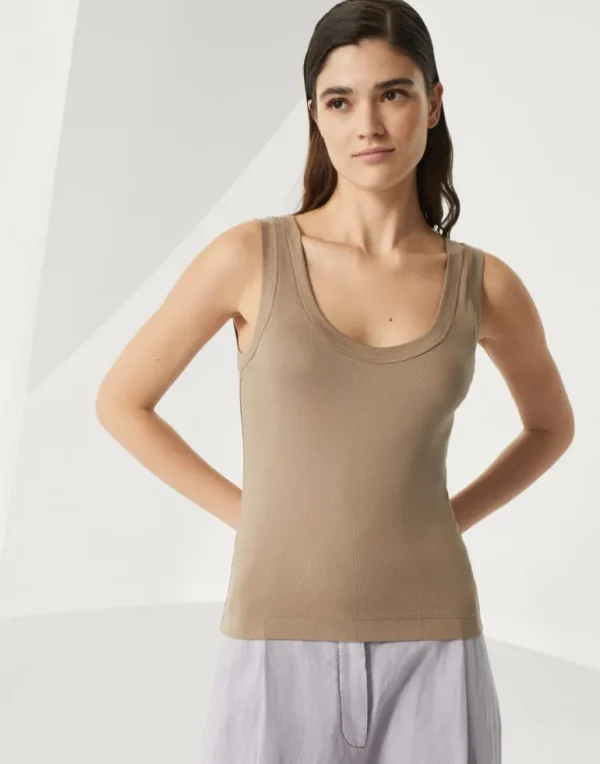 Stretch cotton ribbed jersey top with monili