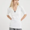 Stretch cotton ribbed jersey T-shirt with precious insert