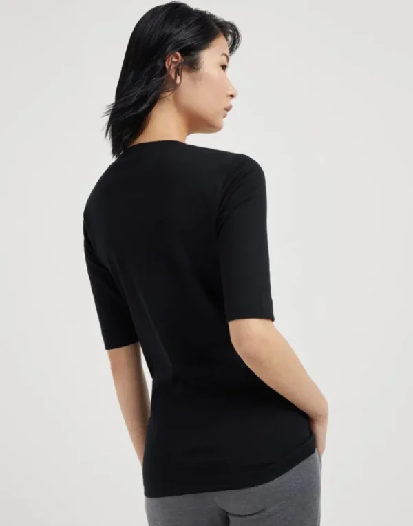 Stretch cotton ribbed jersey T-shirt with precious insert