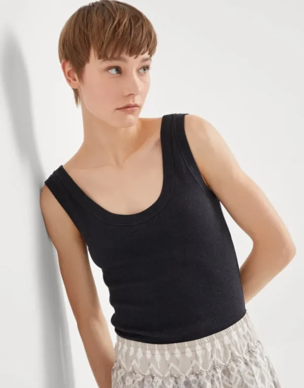 Stretch cotton ribbed jersey top with shiny tab