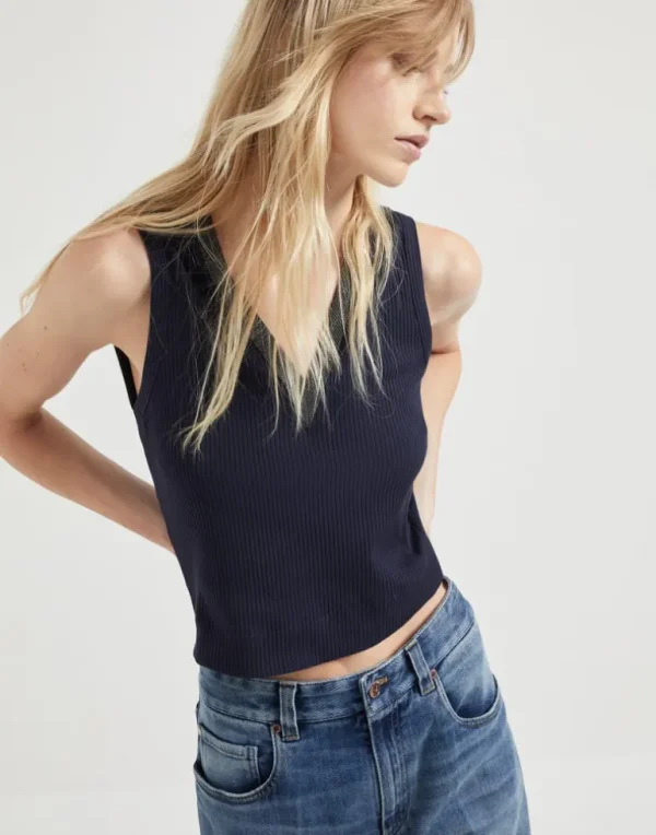 Stretch cotton ribbed jersey cropped top with precious neckline