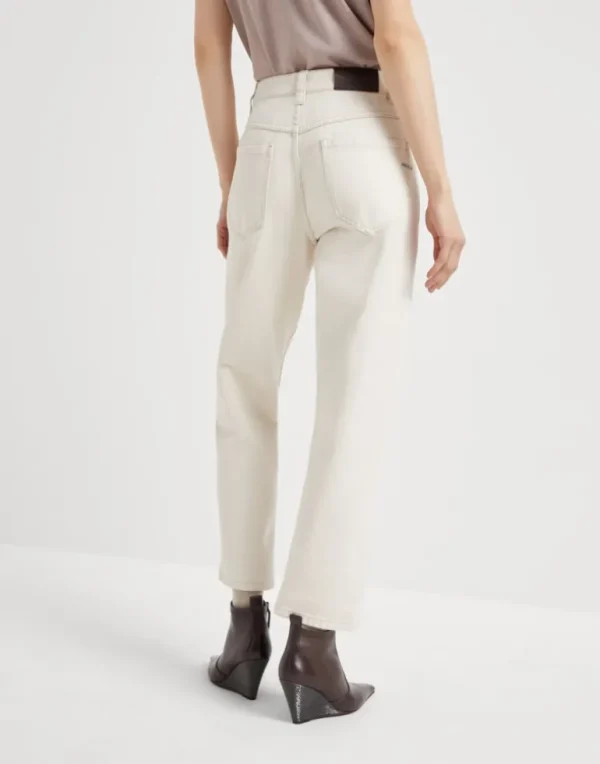 Stretch dyed denim straight trousers with shiny bartack