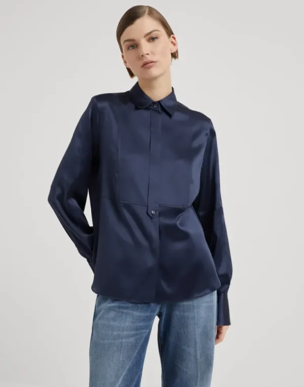 Stretch silk satin shirt with monili