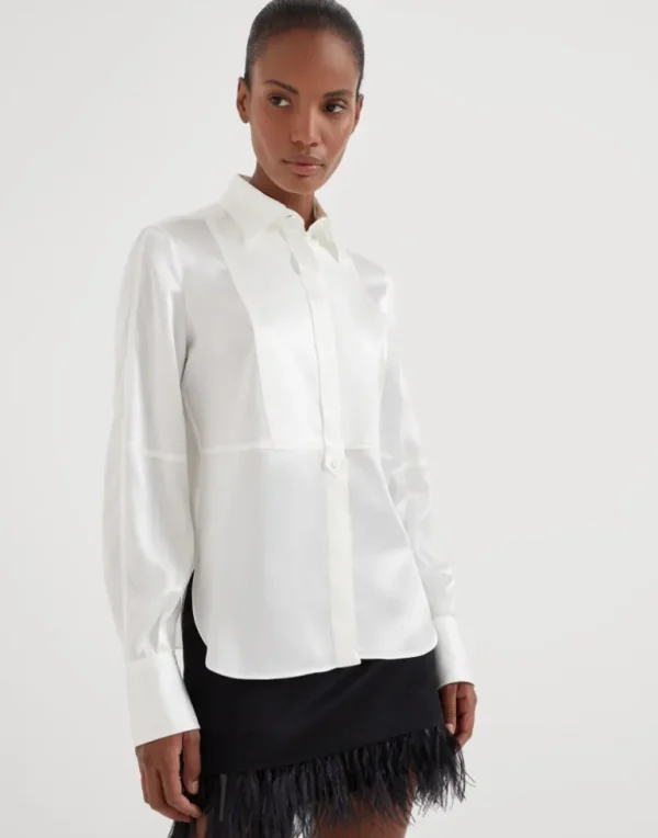 Stretch silk satin shirt with monili