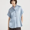 Stretch silk satin short sleeve shirt with monili