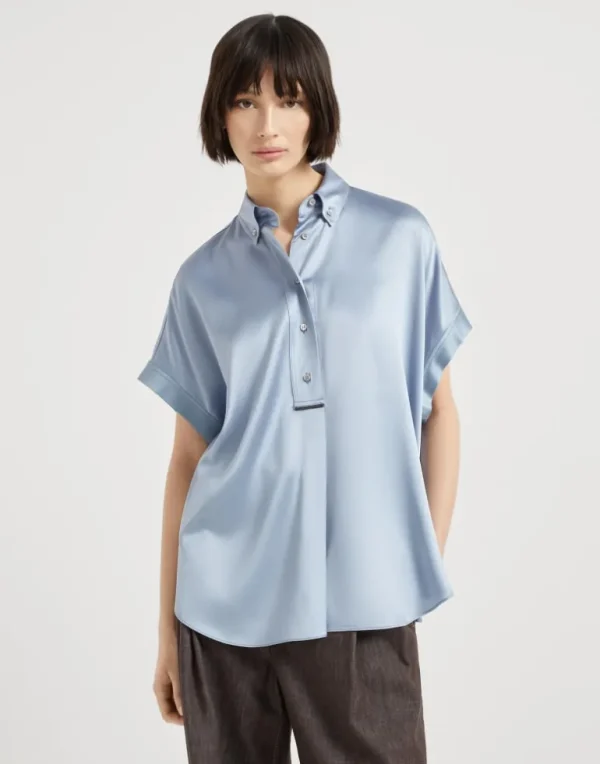 Stretch silk satin short sleeve shirt with monili