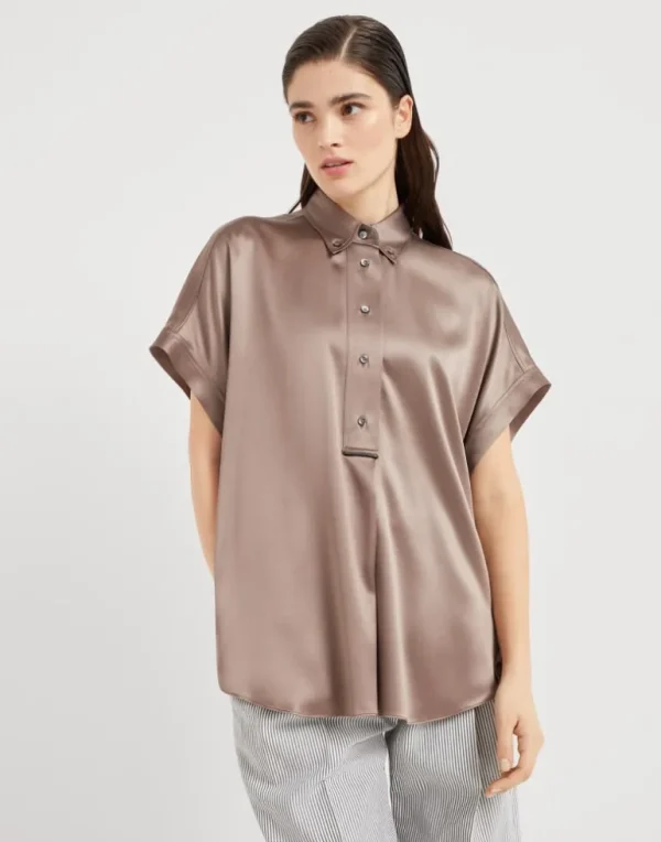 Stretch silk satin short sleeve shirt with monili