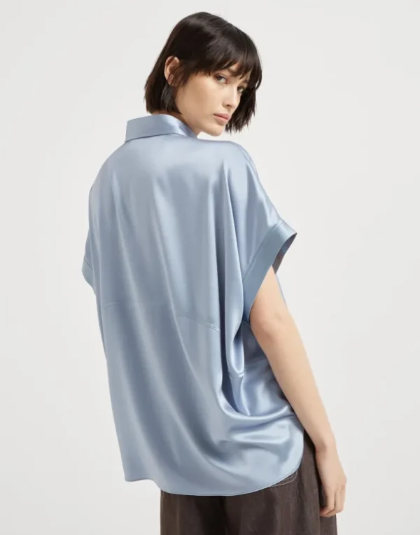 Stretch silk satin short sleeve shirt with monili