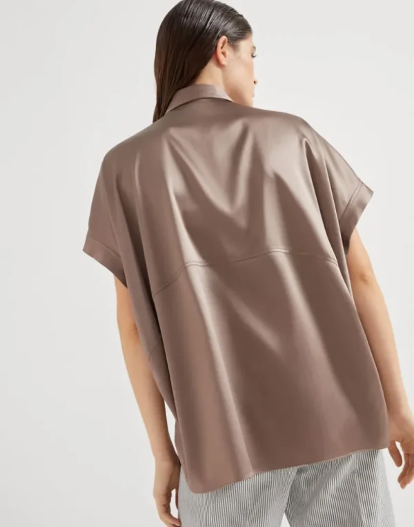 Stretch silk satin short sleeve shirt with monili