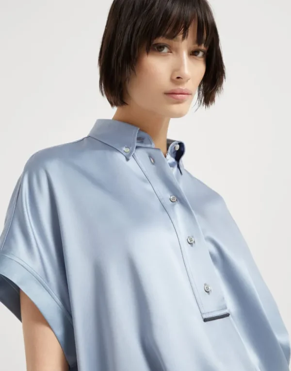 Stretch silk satin short sleeve shirt with monili