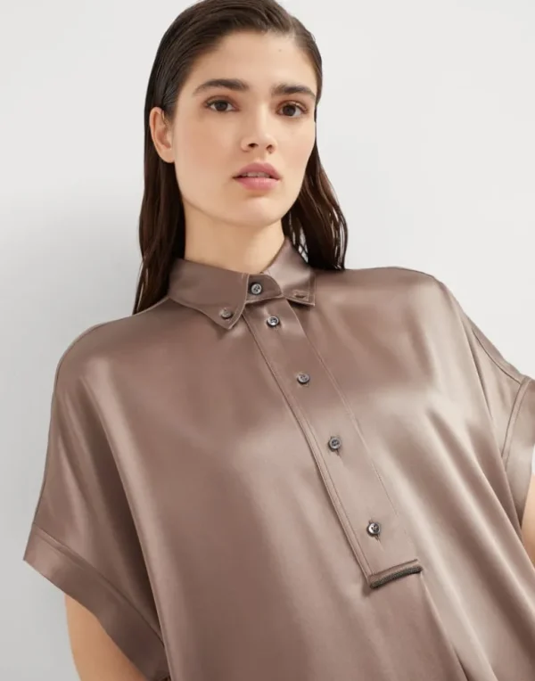 Stretch silk satin short sleeve shirt with monili