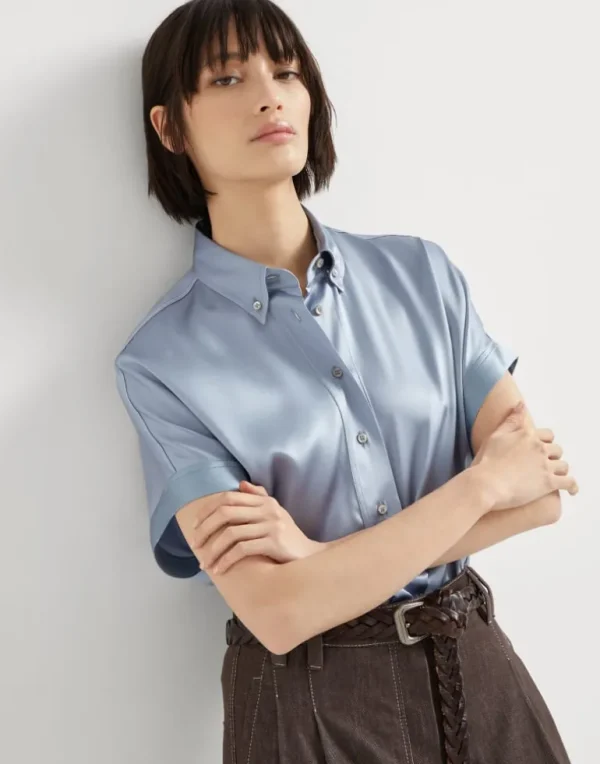 Stretch silk satin short sleeve shirt with monili