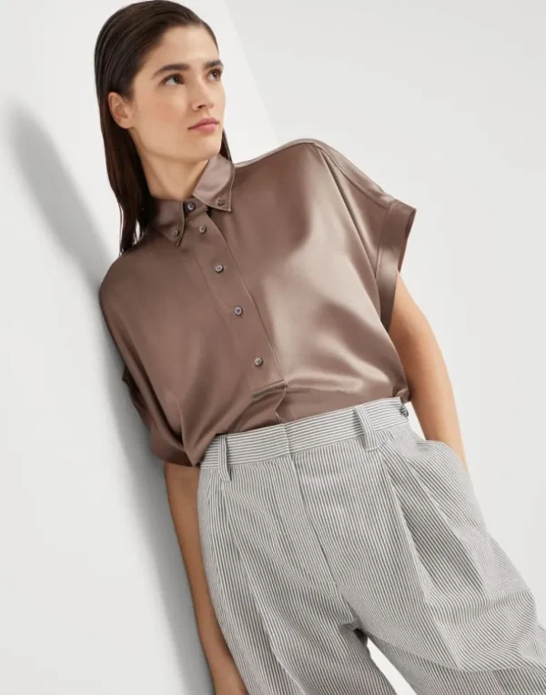 Stretch silk satin short sleeve shirt with monili