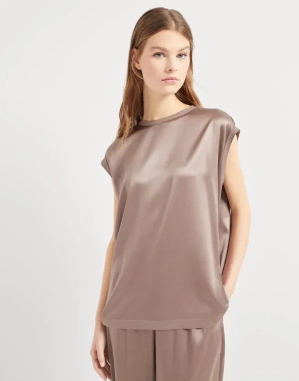 Stretch silk satin T-shirt with monili