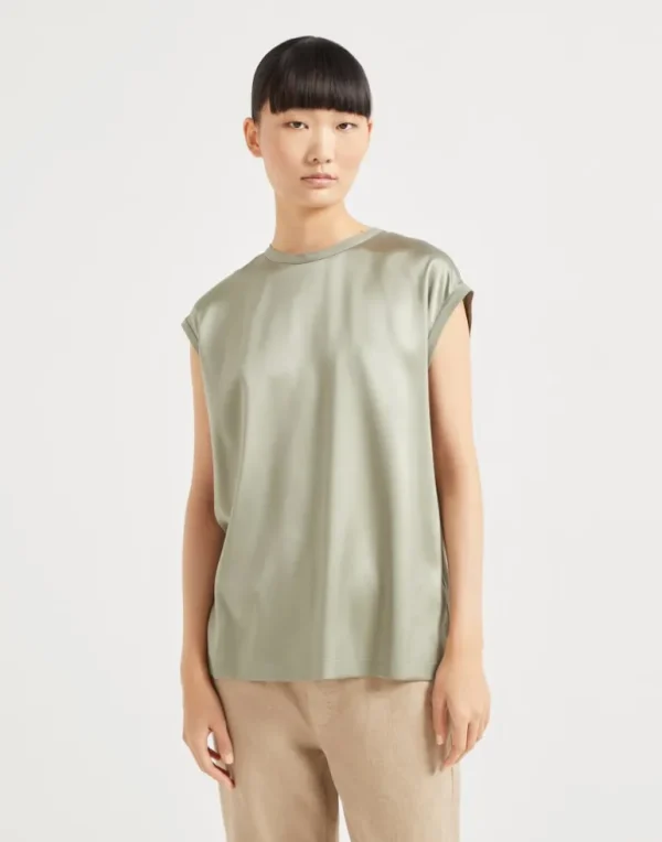 Stretch silk satin T-shirt with monili