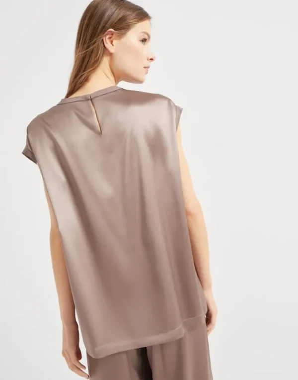 Stretch silk satin T-shirt with monili