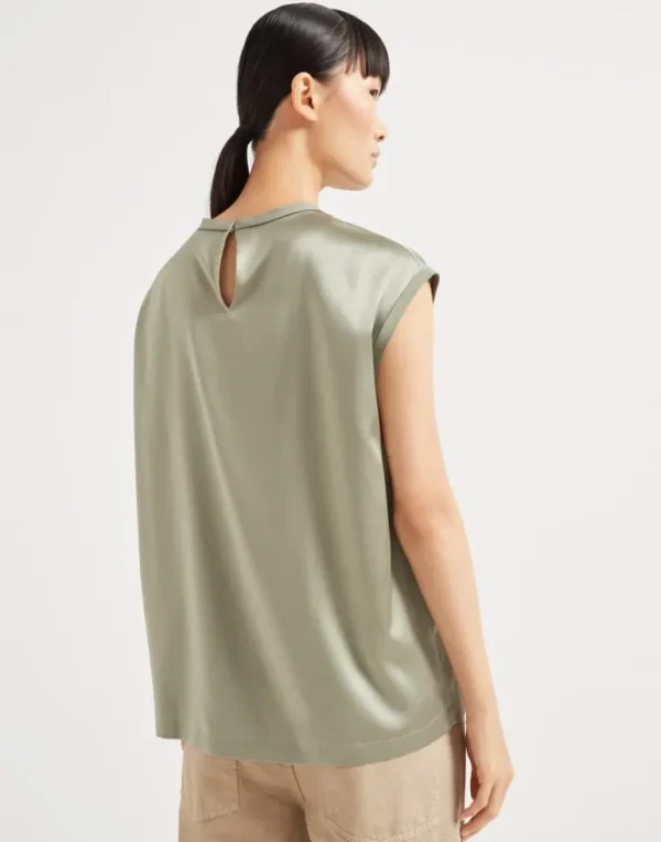 Stretch silk satin T-shirt with monili