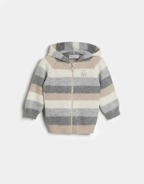 Striped cashmere Baby Bernie hooded cardigan with zipper