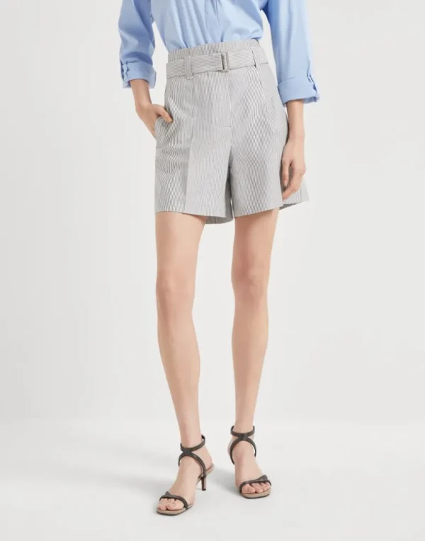 Striped cotton and linen twill formal Bermuda shorts with monili