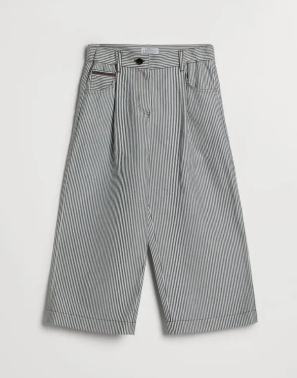 Striped cotton and linen twill five-pocket trousers with monili