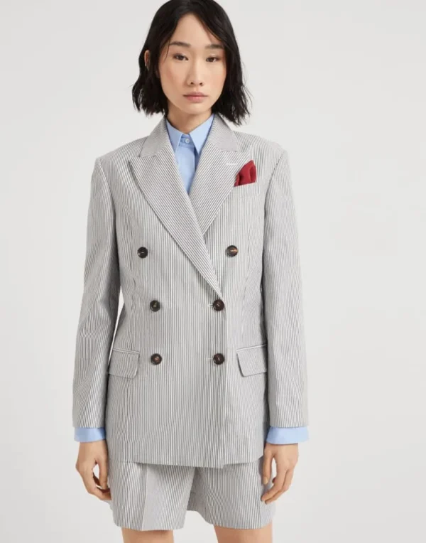 Striped cotton and linen twill blazer with monili