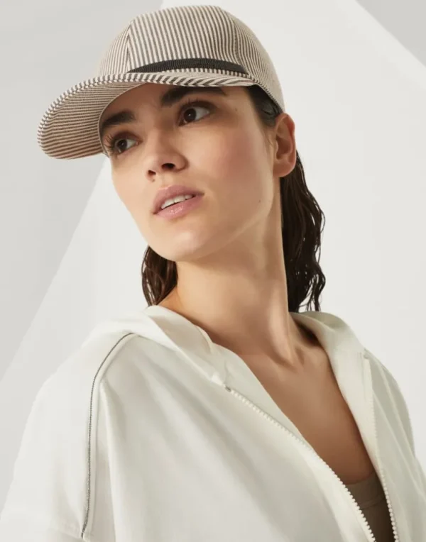 Striped cotton and linen twill baseball cap with shiny band