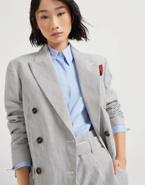 Striped cotton and linen twill blazer with monili