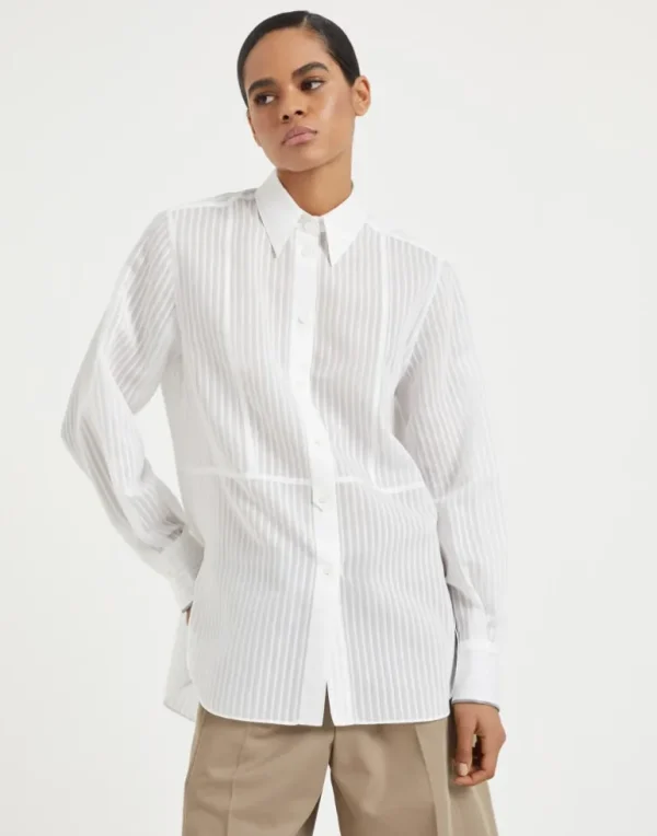 Striped cotton and silk organza shirt with shiny cuffs