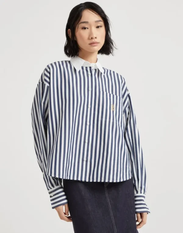 Striped cotton and silk poplin shirt with logo