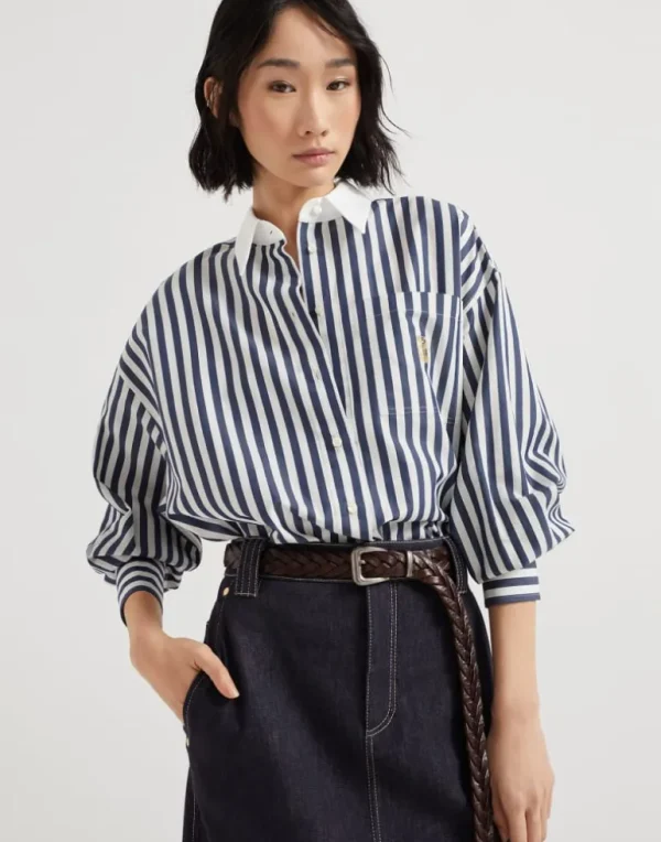 Striped cotton and silk poplin shirt with logo