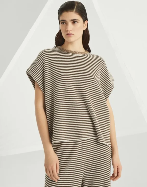 Striped cotton knit T-shirt with dazzling collar insert