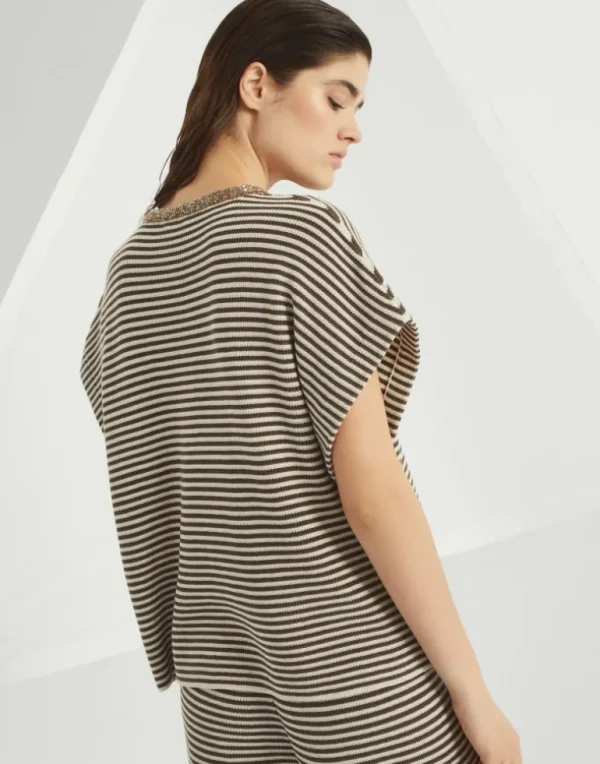 Striped cotton knit T-shirt with dazzling collar insert