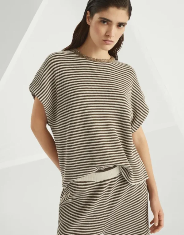 Striped cotton knit T-shirt with dazzling collar insert