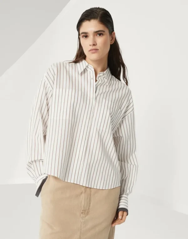 Striped cotton twill shirt with shiny cuffs