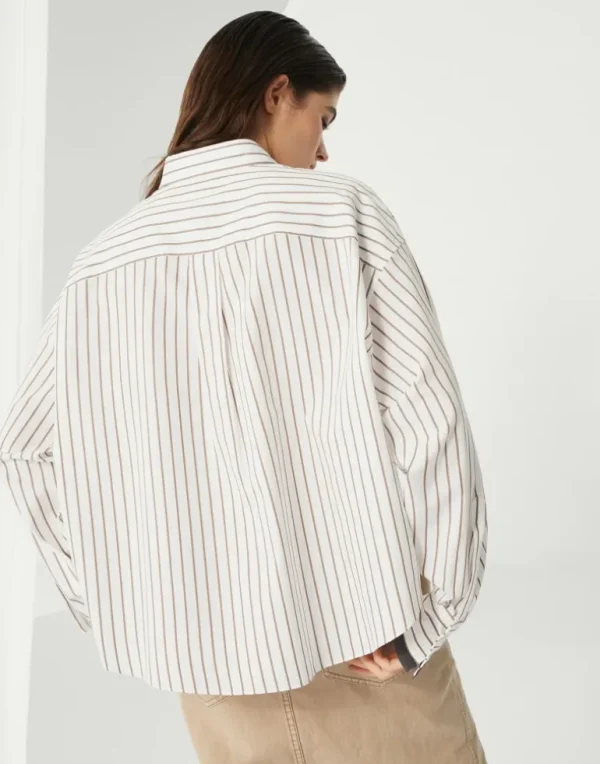 Striped cotton twill shirt with shiny cuffs