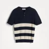 Striped linen and cotton knit T-shirt with Henley collar