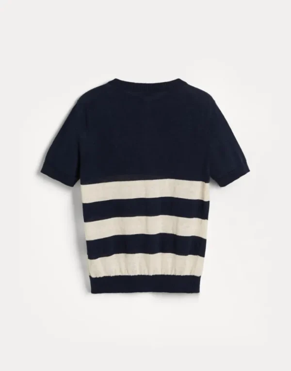 Striped linen and cotton knit T-shirt with Henley collar