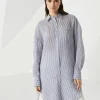 Striped linen and silk organza long shirt with shiny collar detail