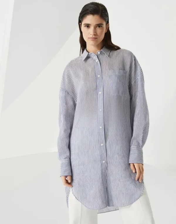 Striped linen and silk organza long shirt with shiny collar detail