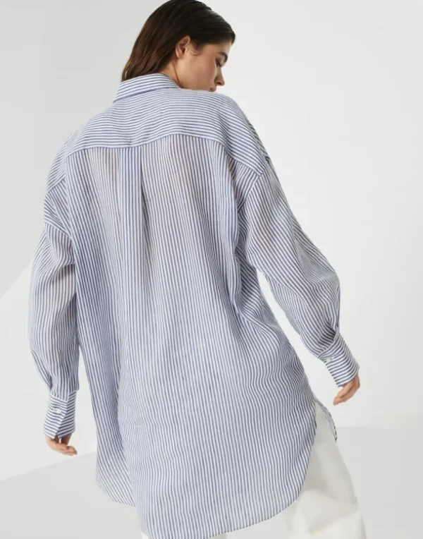 Striped linen and silk organza long shirt with shiny collar detail