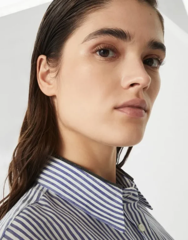 Striped linen and silk organza long shirt with shiny collar detail